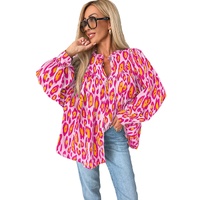 Rose Red Oversized Leopard Print Balloon Sleeve Casual Shirt - M thumbnail