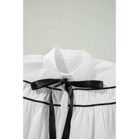 White Black Pipping Ribbon Bowtie Collared Ruffled Puff Sleeve Shirt - XL thumbnail