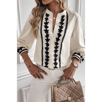 Beige Floral Embroidered Stand Neck Buttoned Shirt - S thumbnail