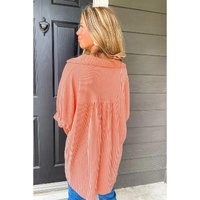 Grapefruit Orange Corded Half Sleeve Button Up High Low Hem Loose Shirt - S thumbnail