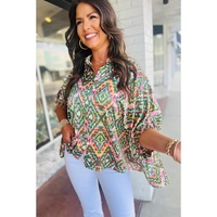Dark Green Abstract Print Half Sleeve Button up Loose Shirt - L thumbnail