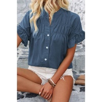 Real Teal Solid Color Ruffle Ruched Short Sleeve Buttoned Shirt - L thumbnail