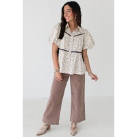 White Contrast Trim Floral Puff Short Sleeve Shirt - L thumbnail