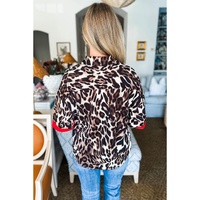 Dark Brown Contrast Trim Patchwork Leopard Print Half Sleeve Shirt - L thumbnail
