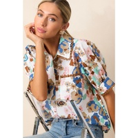 Multicolour Floral Print Ricrac Trim Collared Puff Short Sleeve Shirt - L thumbnail