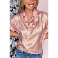 Delicacy Metallic Buttoned Loose Fit Short Sleeve Shirt - L thumbnail