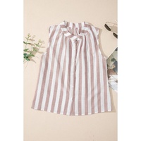 Khaki Stripe Casual Button Down Sleeveless Shirt - L thumbnail