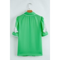 Green Floral Ric Rac Edge Puff Sleeve Button Up Summer Shirt - M thumbnail