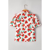 Red Floral Print Ruffled Puff Sleeve Elegant Summer Shirt - S thumbnail