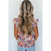 Rose Red Floral Square Neck Flutter Tank Top - L thumbnail