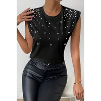Black Pearls Beaded Shoulder Pad Crew Neck Tank Top - L thumbnail
