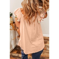 Apricot Pink Floral Patchwork Square Neck Ruffle Sleeve Blouse - M thumbnail