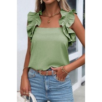 Smoke Green Solid Ruffle Trim Sleeveless Top - L thumbnail