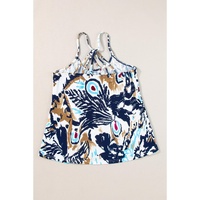 Beige Floral Spaghetti Straps Strappy Back Tank Top - M thumbnail