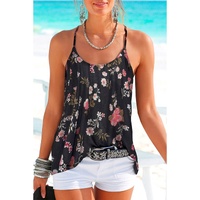 Black Floral Spaghetti Straps Strappy Back Tank Top - L thumbnail