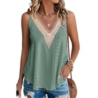 Mist Green Lace Crochet Splicing V Neck Loose Fit Tank Top - L thumbnail