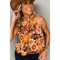 Orange Floral Print Knotted Halter Neck Sleeveless Top - L thumbnail
