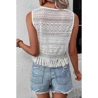 White Lace Crochet Hollow out Fringed Tank Top - L thumbnail