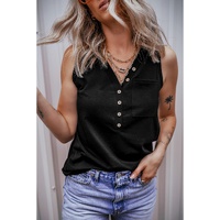 Black Half Button V Neck Patched Pocket Tank Top - S thumbnail