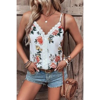White Floral Print Lace V Neck Tank Top - L thumbnail