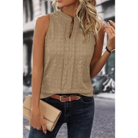 Light French Beige Lattice Textured Split Neck Tank Top - L thumbnail