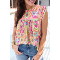 Orange Geometric Print Ruffled Trim Tank Top - M thumbnail