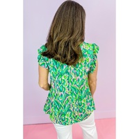 Green Abstract Print Ruffled Trim Tied Split Neck Tank Top - L thumbnail