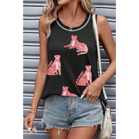 Black Sequin Cheetah Round Neck Stitching Loose Tank Top - M thumbnail