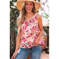 Pink Floral Round Neck Twisted Cut Out Back Tank Top - L thumbnail