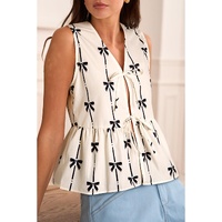White Bow Printed Tie Closure Ruffled Vest - L thumbnail