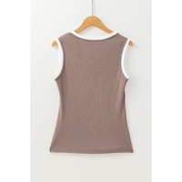 Smoke Gray Ribbed Knit Colorblock Edge U Neck Slim Fit Tank Top - L thumbnail