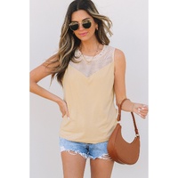 Oatmeal Solid Mesh Patchwork Crew Neck Tank Top - L thumbnail