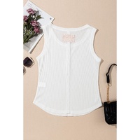 White Solid Color Waffle Knit Half Buttons Tank Top - M thumbnail