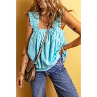 Sky Blue Tribal Pattern Print Ruffled Wide Straps Loose Tank Top - L thumbnail