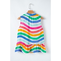 Rose Red Rainbow Stripes Ruffled Hem Drawstring V Neck Tank Top - L thumbnail