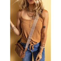 Straw Yellow Ribbed Front Knot Buttoned Thin Strap Tank Top - L thumbnail