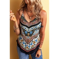 Red Mixed Floral Chevron Pattern Dip Hem Spaghetti Straps Tank - M thumbnail