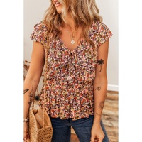 Red Floral Print Knot V Neck Ruffled Sleeve Blouse - XL thumbnail