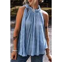 Myosotis Textured Pleated Tied Mock Neck  Flowy Tank Top - L thumbnail