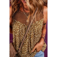 Brown Eyelet Knit Yoke Patchwork Printed Flowy Fit Tank Top - S thumbnail