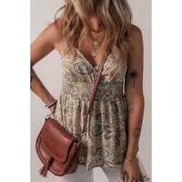 Khaki Paisley Printed Spaghetti Strap V Neck Smocked Babydoll Tank Top - L thumbnail