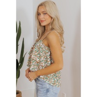 White Boho Floral Spaghetti Strap Ruffle Summer Tank Top - L thumbnail