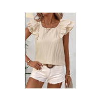 Beige Textured Bow Knot Frilled Butterfly Sleeve Blouse - L thumbnail