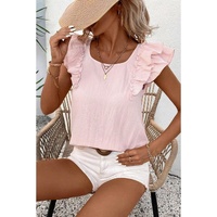Gossamer Pink Textured Bow Knot Frilled Butterfly Sleeve Blouse - L thumbnail