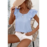 Beau Blue Textured Bow Knot Frilled Butterfly Sleeve Blouse - L thumbnail