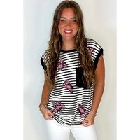 Black Stripe Sequined Lobster Patched Pocket Casual Tank Top - L thumbnail
