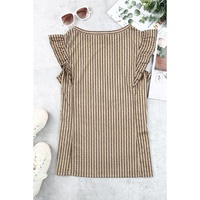 Khaki Striped Crew Neck Ruffled Tank Top - M thumbnail