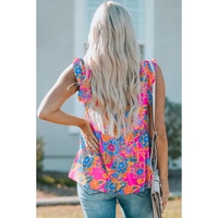 Rose Red Boho Pattern Print Flounce V Neck Tank Top - XL thumbnail