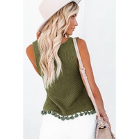 Green Tasseled Crochet Hollow-out Knit Tank - XL thumbnail