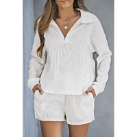 White Ribbed Zipper Sweatshirt and High Waist Shorts Set - XL thumbnail